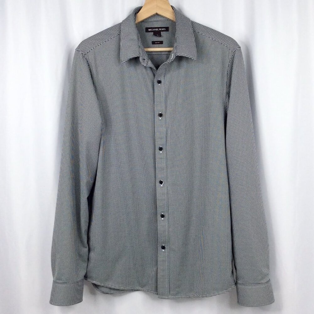 Michael Kors Gingham Plaid Shirt Mens M Slim Black White Long Sleeve Button Down